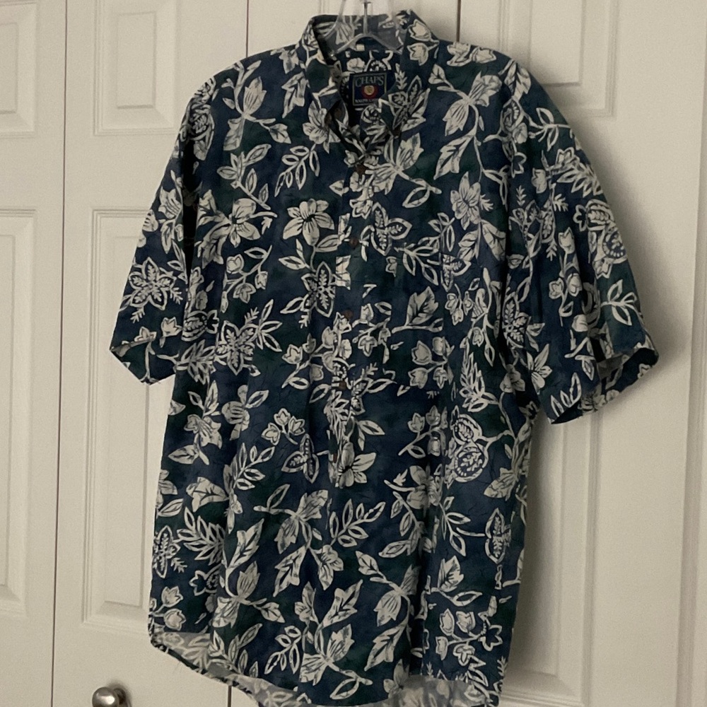 Chaps Navy and White Floral Short-Sleeve Button-Down Shirt, XL